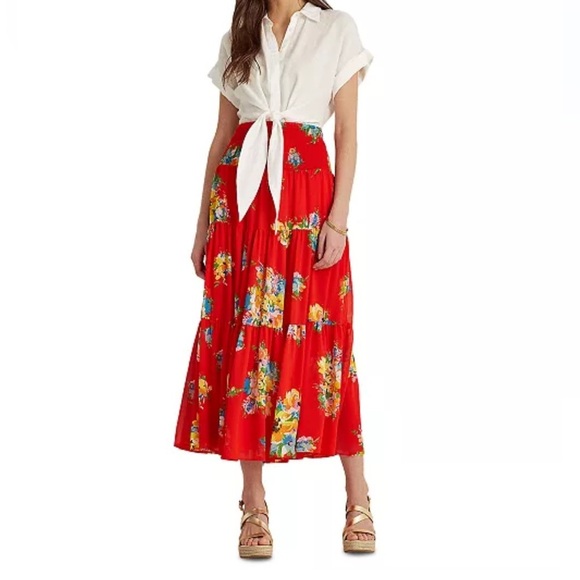 Lauren Ralph Lauren Black Label Red Boho Floral Georgette Midi Skirt XXL NWT - Picture 1 of 5